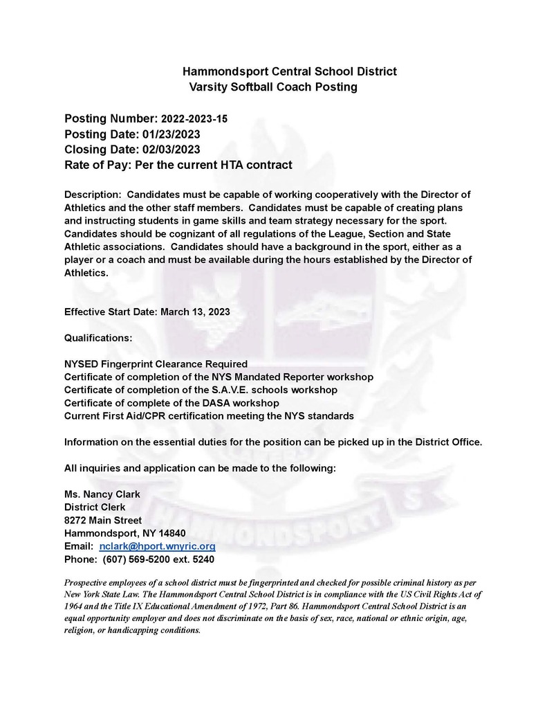 Available Coaching Position